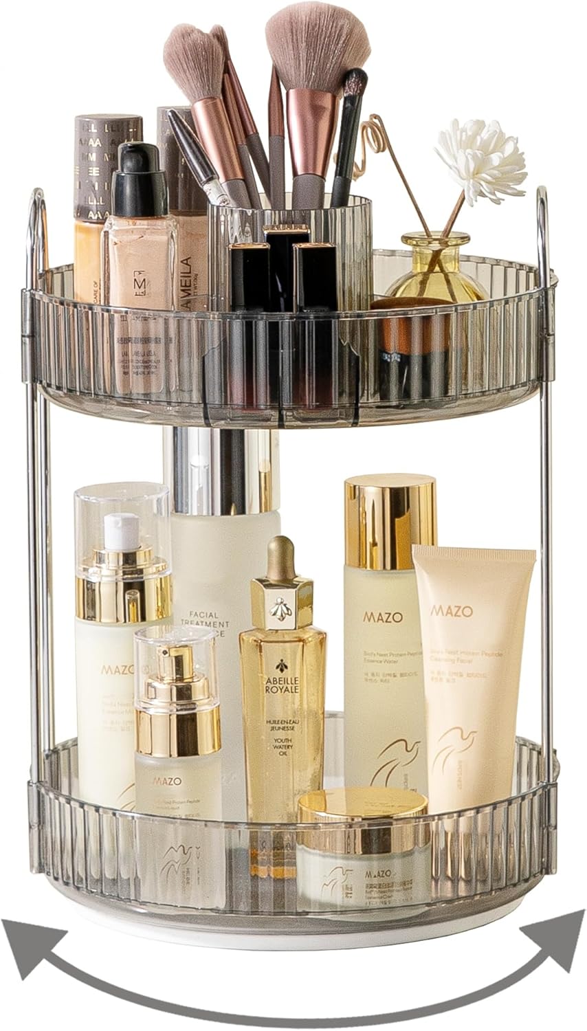 360 Rotating Makeup Organizer,2 Tier Large Capacity Make Up Organizers and Storage,Skincare Perfume Vanity Organizers,Bathroom Cosmetics Storage Organizer Countertop(Grey)