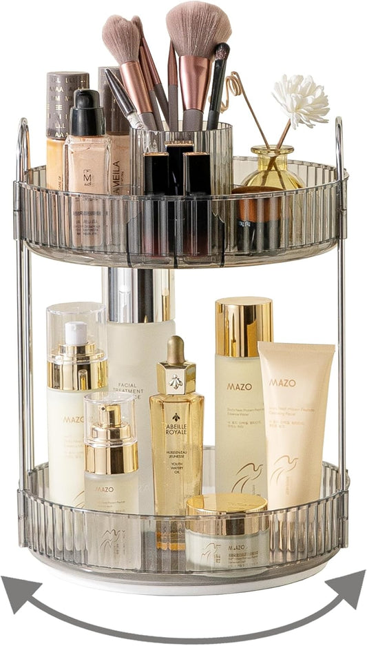 360 Rotating Makeup Organizer,2 Tier Large Capacity Make Up Organizers and Storage,Skincare Perfume Vanity Organizers,Bathroom Cosmetics Storage Organizer Countertop(Grey)