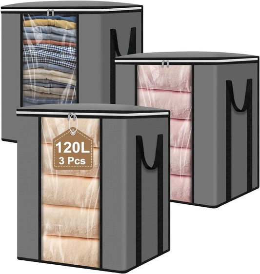 120L Extra Large Blanket & Clothes Storage Bags for Bedding & Comforters & Pillow–Foldable Thick Waterproof Fabric with Clear Window,Dual Zippers & Sturdy Handles,3 Pack Seasonal Organization