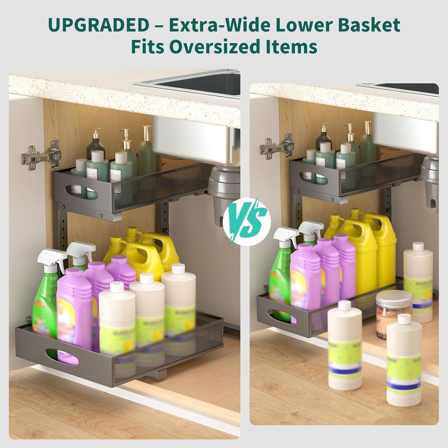 Under Sink Organizer, Extra-Wide Upgrade, 2-Pack of 2-Tier Metal Slide Out Cabinet Organizer, Height Adjustable Organization and Storage Series, Bathroom/Cabinet/Kitchen organization, Black