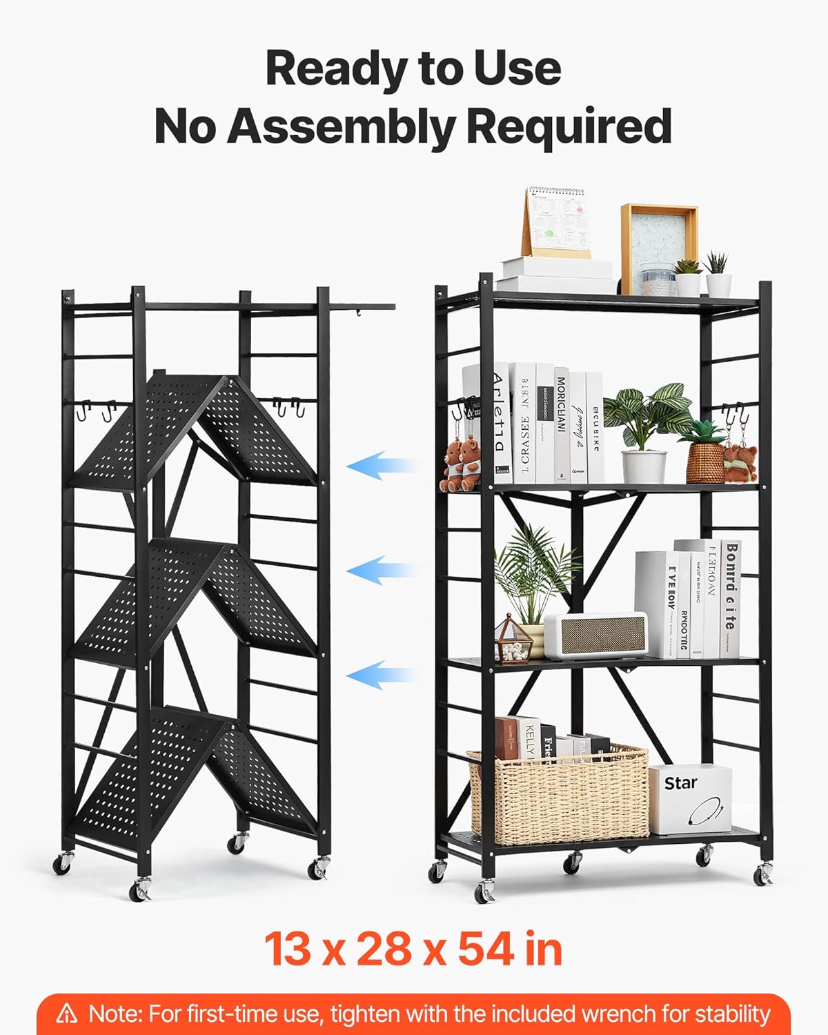 VEVOR 4-Tier Foldable Storage Shelf, 28W x 13D x 54H Inch Folding Metal Rack Shelving Unit, No Assembly Organizer Shelf with 5 Wheels & 4 Hooks for Pantry, Kitchen, Garage, Basement, Black