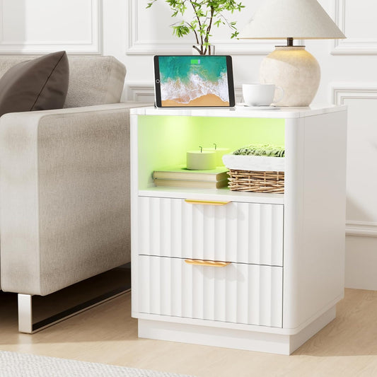 VOWNER Fluted Nightstand with Charging Station, 18” Night Stand with 2 Drawers, Faux Marble Top End Table with Storage Shelf, Curved Profile Side Table, Bedside Table for Bedroom Living Room, White