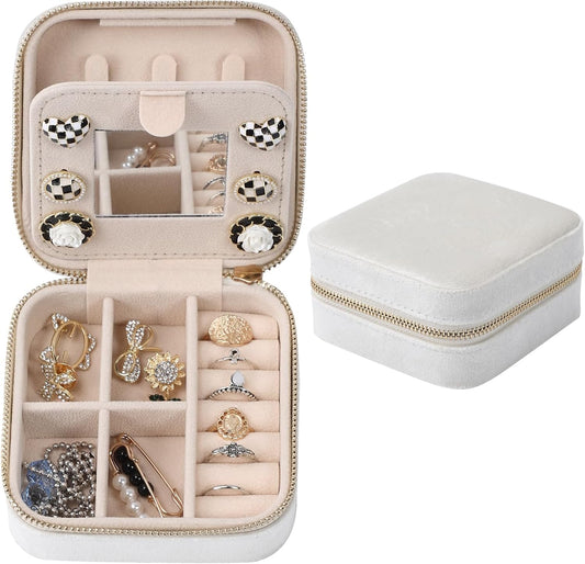 Dajasan Velvet Jewelry Box, Mini Travel Jewelry Case, Portable Travel Jewelry Organizer with Mirror for Birthday Mother's Day Valentine's Day(Beige)