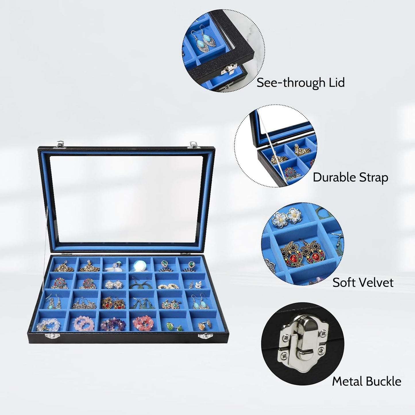 Stratalife Earring Organizer Jewelry Tray with See-through Lid Jewelry Holder Organizer Jewelry Organizer Box Jewelry Storage Crystal Holder Rock Collection Box 24 Grid (Blue Black)