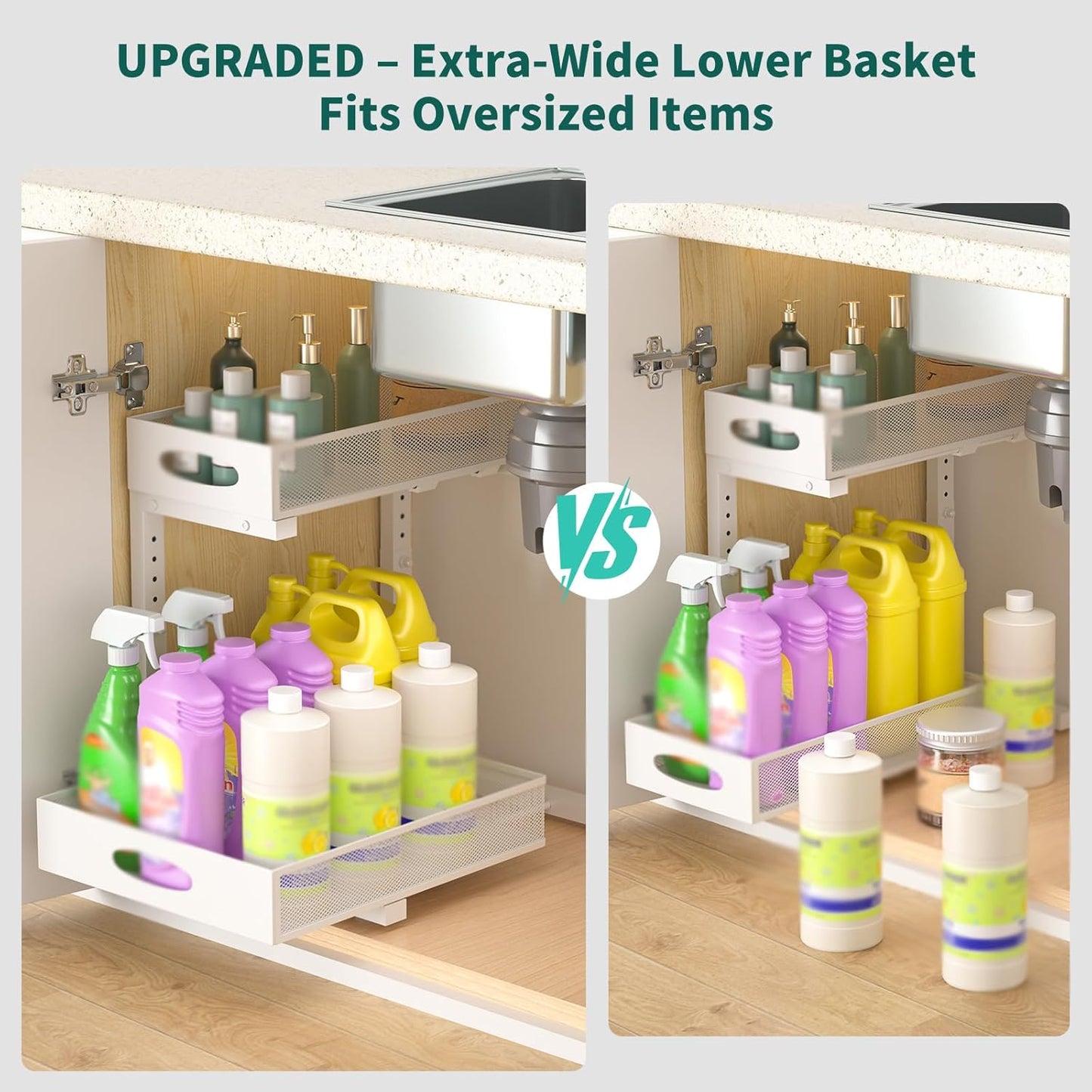Under Sink Organizer, Extra-Wide Upgrade, 1 Pack 2 Tier Metal Slide Out Cabinet Organizer, Height Adjustable Organization and Storage Series, Bathroom/Cabinet/Kitchen organization, White