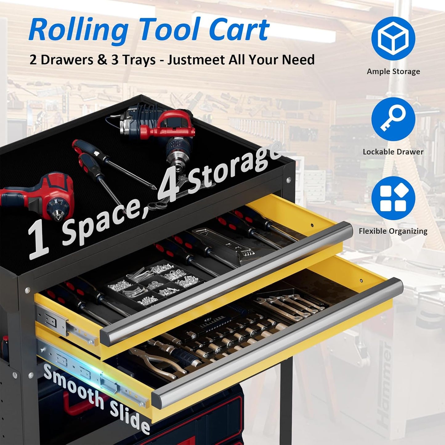 5 -Tier Heavy Duty Rolling Tool Cart on Wheels with 2 Lockable Drawers, Pegboard & Locking Wheels, 400Lbs Capacity Mobile Garage Storage Organizer for Mechanics, Workshop
