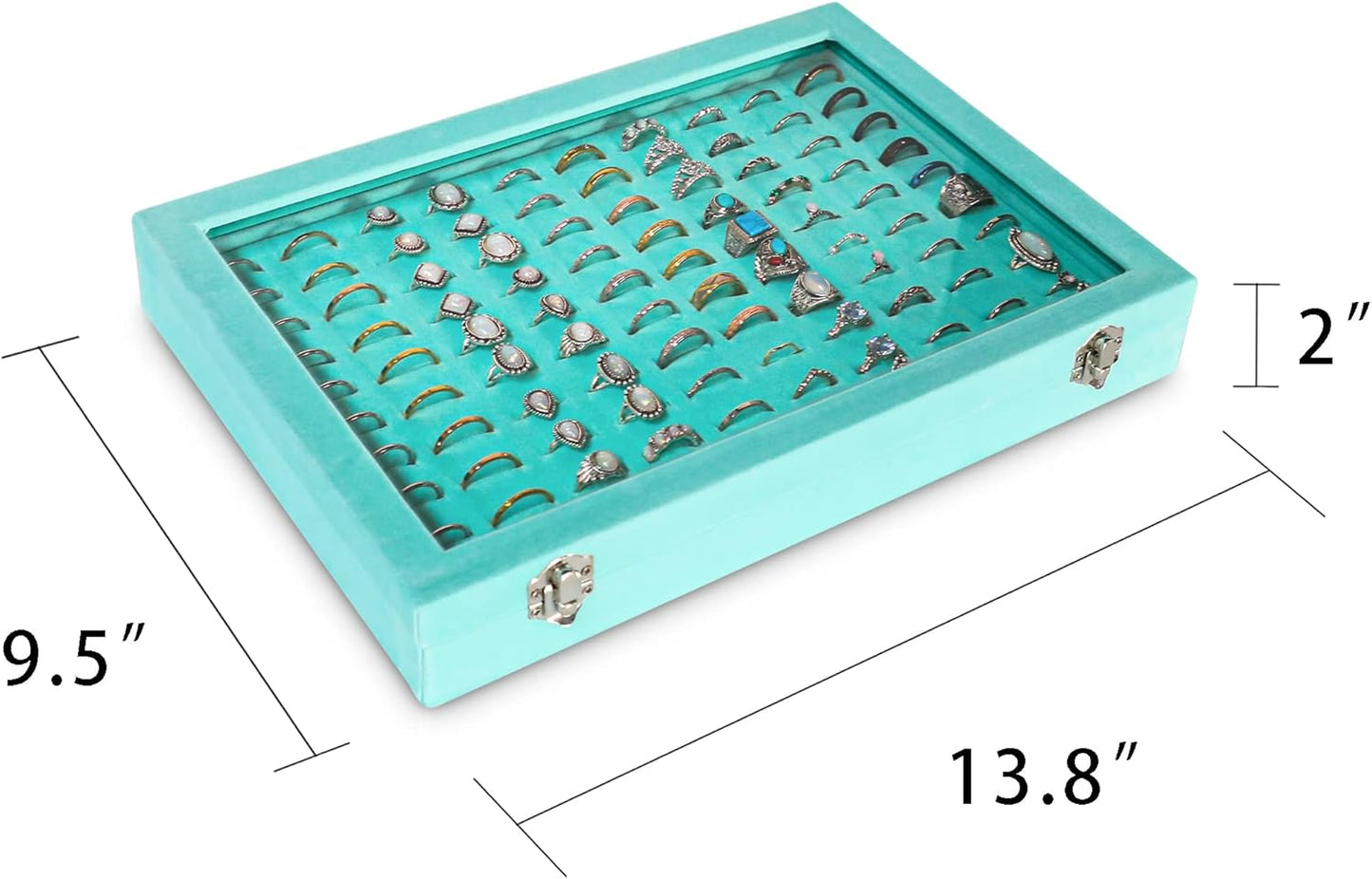 Frebeauty Ring Organizer Tray 100 Slots Ring Holder with Clear Lid Velvet Storage Box Jewelry Tray for Jewelry Store Earring Display Case for Jewelry Show Studs Box for Women(Turquoise)