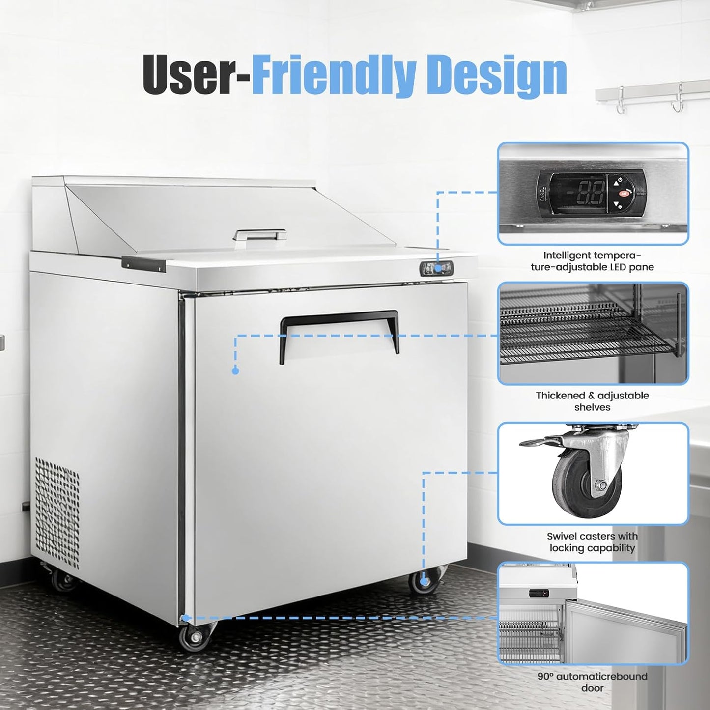 29" W Commercial Refrigerator Sandwich Salad Prep Table, Stainless Steel 1-Door Sandwich Prep Table Refrigerator, Counter Fan Cooling Refrigerator with 8 Pans for Restaurant, Bar