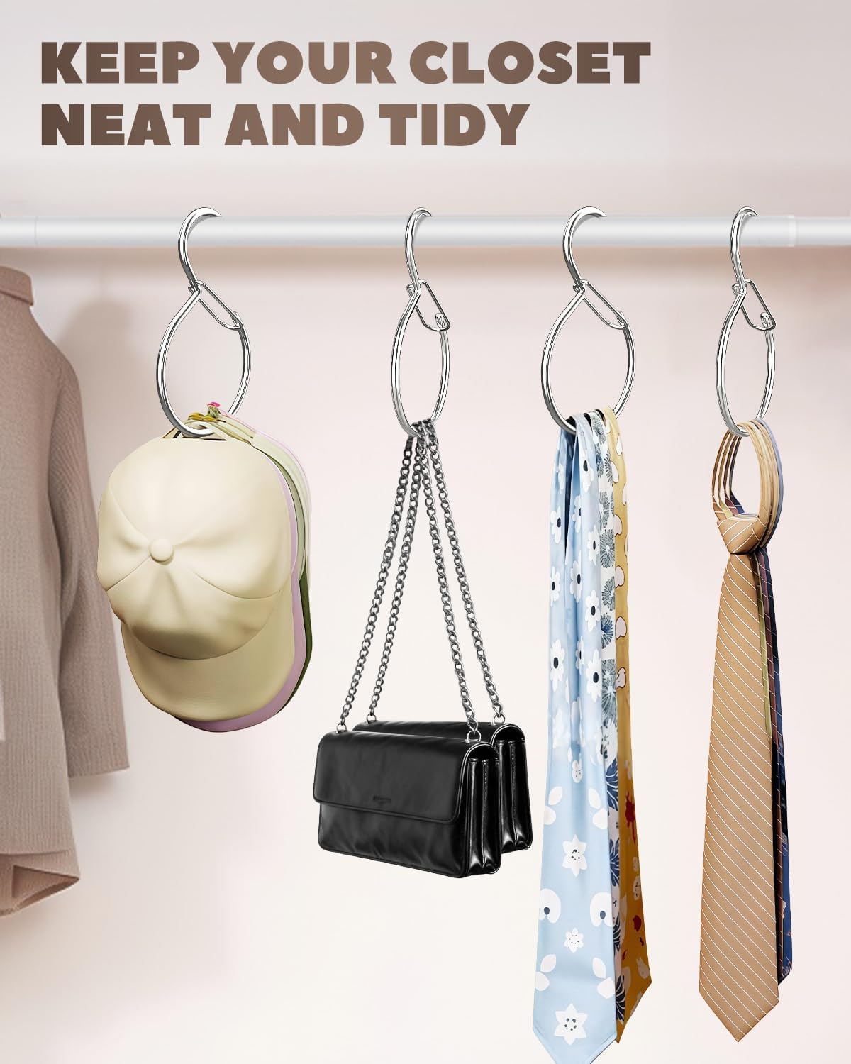 6 Pack Belt Hanger, Tie Hanger & Belt Organizer, Waterproof Belt Hanger for Closet, Ties, Scarves, Bags & Accessories, Keeps Closet Neat & Organized, Silver
