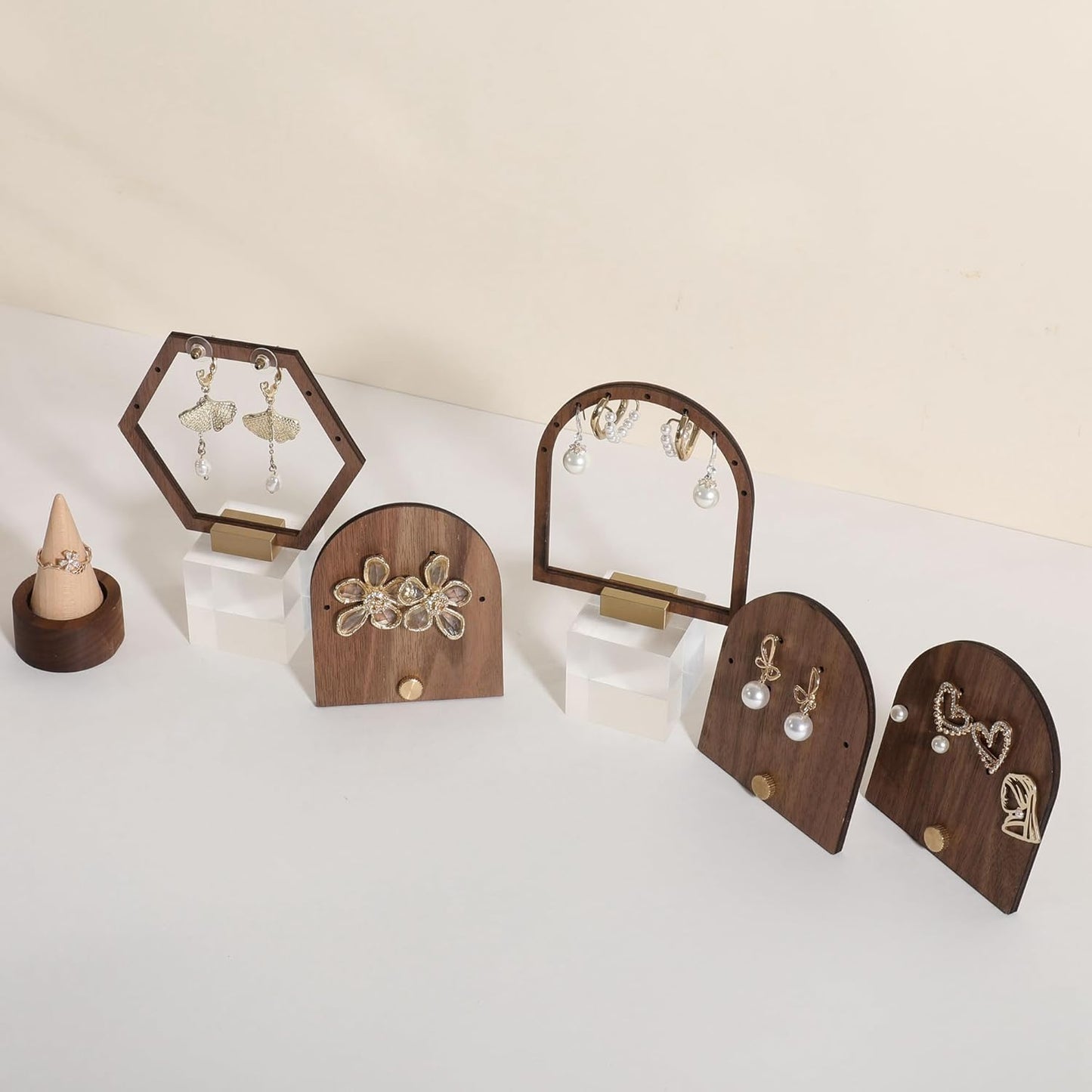 GemeShou 3pcs wooden jewelry earring organizer holder, walnut earring studs stand for boutique store, cute earring display for selling with 6 holes on each【Earring stand-Arch-3pcs】