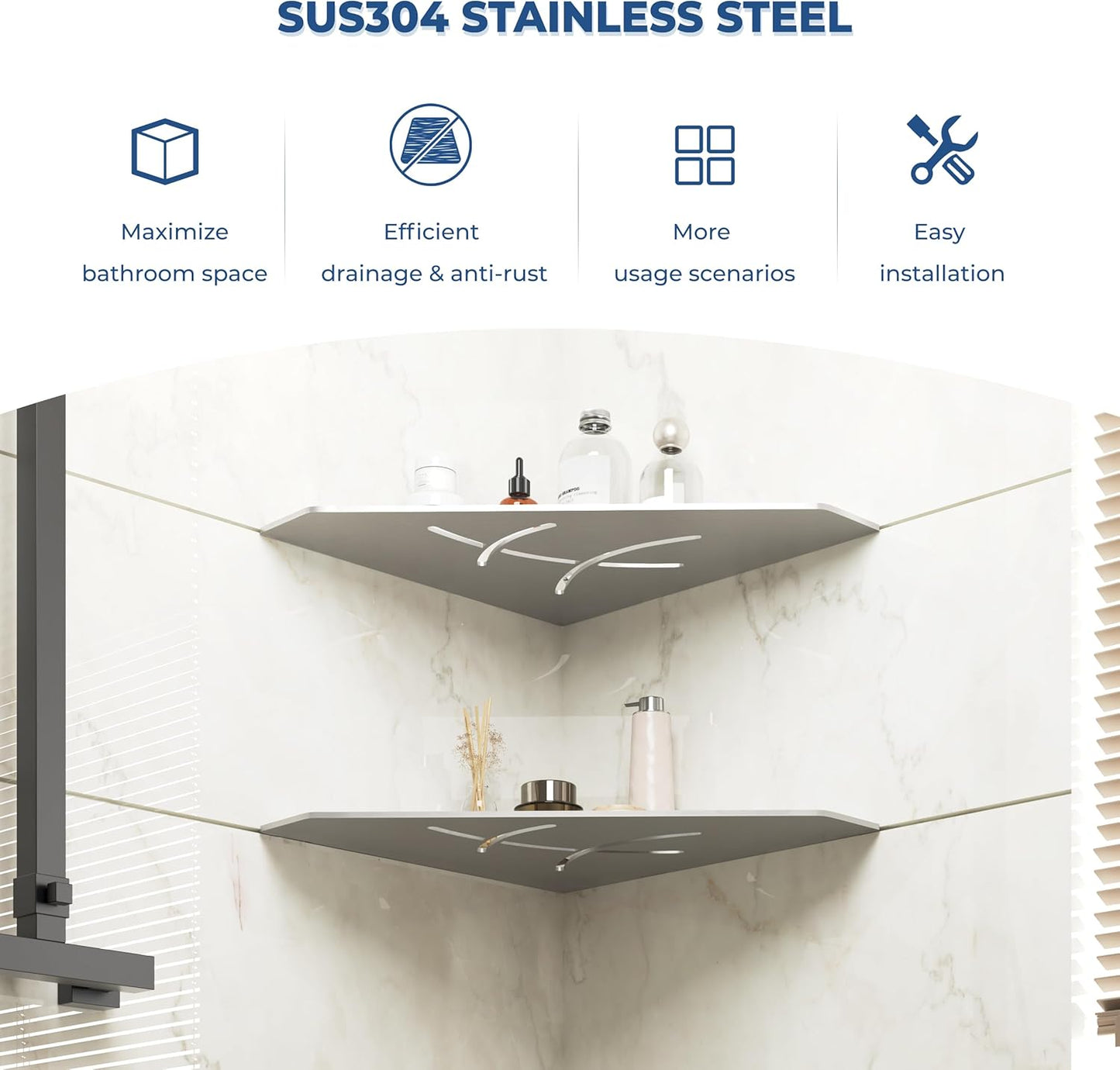 FerdY 2-Pack 10" Brushed Nickel Recessed Corner Shower Shelf, for Tiled Bathroom Walls, Floating Shower Shelf, 304 Stainless Steel Shower Caddy Storage Shelves, No Drilling Required, Irregular Diamond