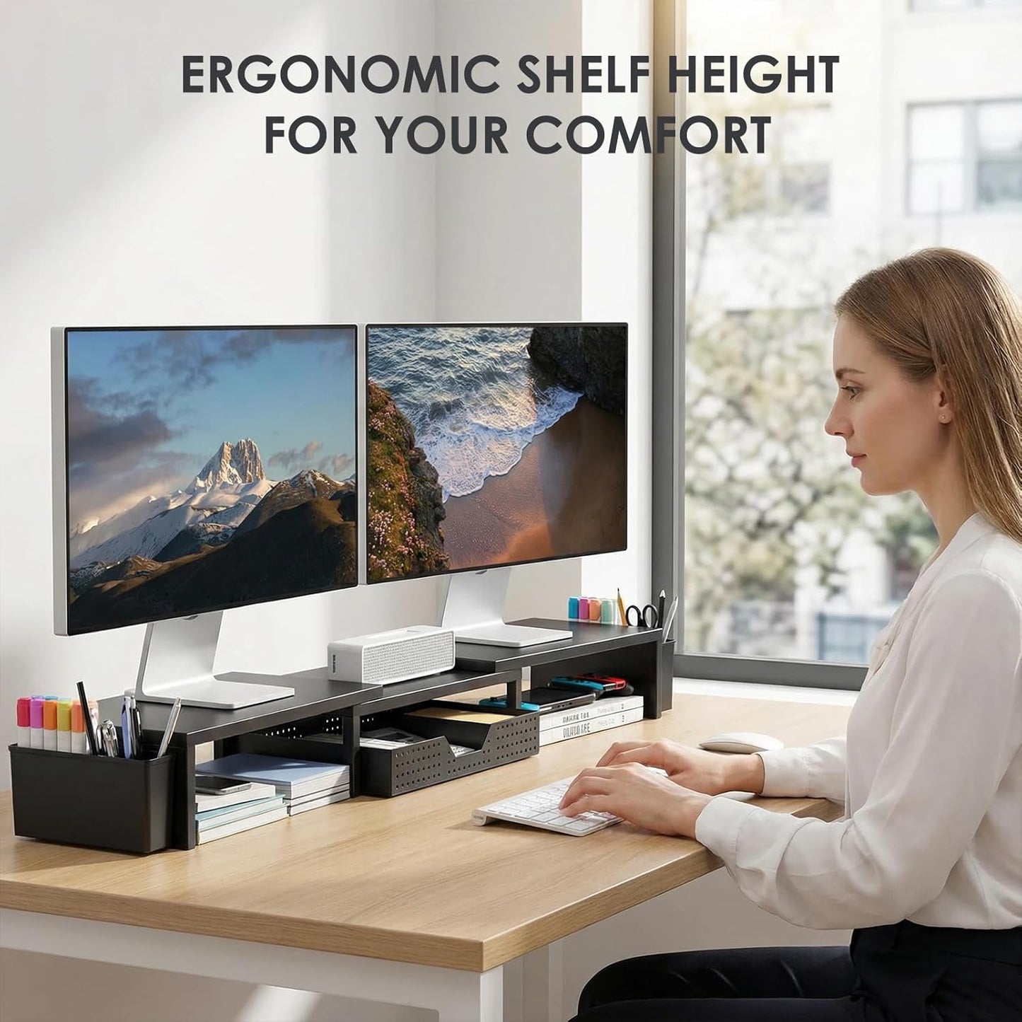 OPNICE Desk Organizers and Accessories, Dual Monitor Stand Riser with Drawer and 2 Pen Holders, Desk Shelf Metal Computer Racks for Office Workspace Organizers, Desktop Organization (Black)