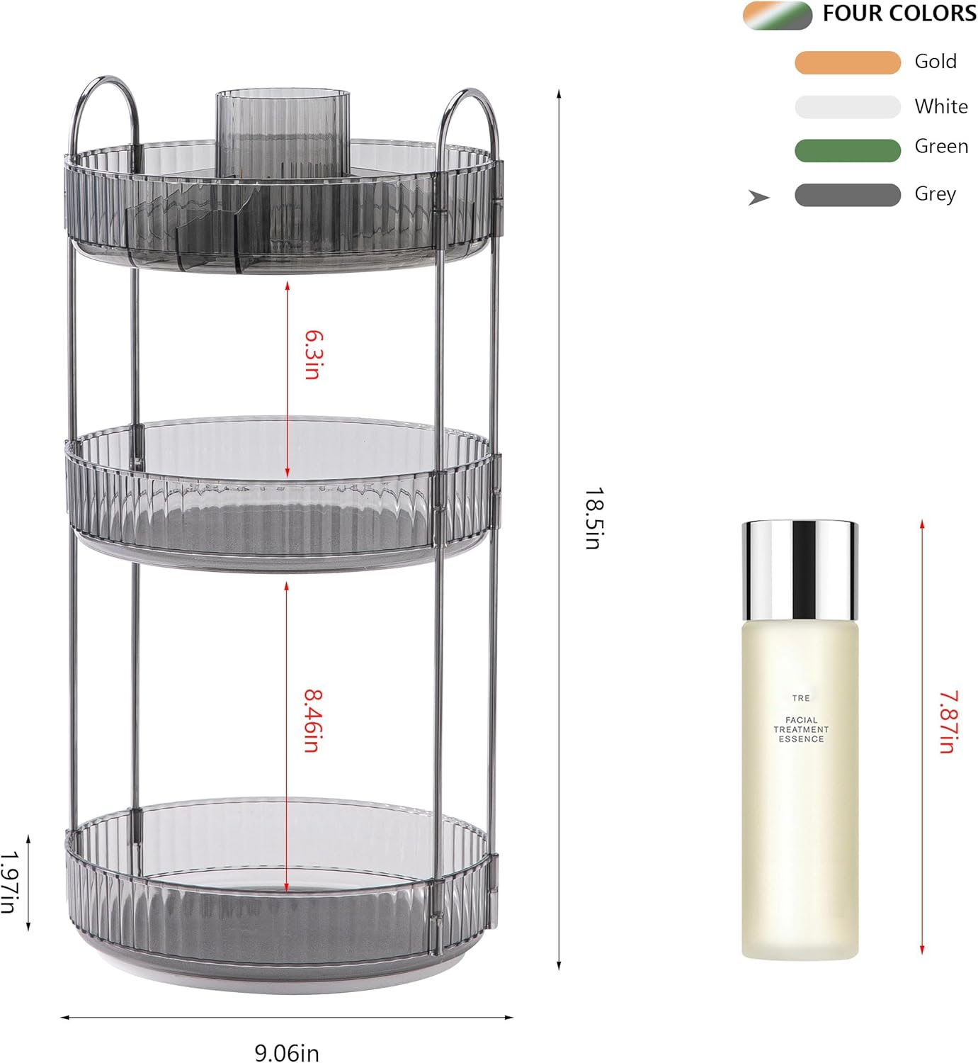 YCIA&DONE Rotating Makeup Organizer for Vanity, Large Capacity Make Up Storage Skin Care Shelf Perfume Holders Cosmetic Dresser Organizer Countertop Spinning 360 (Smoky Gray, 3Tiers)