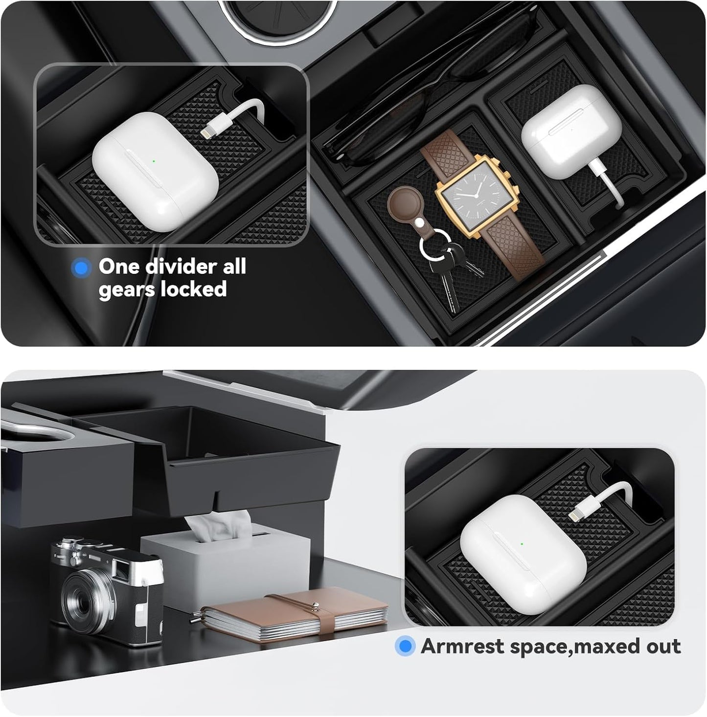 Upgraded Center Console Organizer Tray for Tesla Model Y Juniper Accessories 2025 2026/ for Tesla Model 3 Accessories 2025 Highland, Hidden Storage Box, Cup Holder, [Shockproof, No-Noise], 5PCS