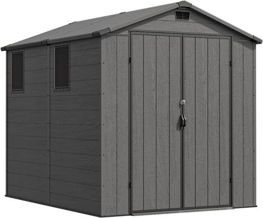 Devoko 6x8 Ft Outdoor Storage Shed - Lockable Resin Tool Shed with Window & Floor - Easy Assembly for Garden, Backyard, Dark Gray