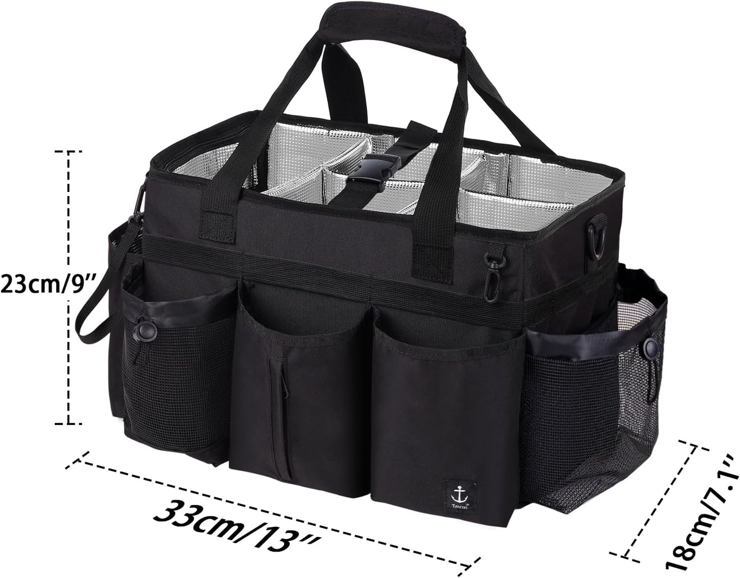 Large Wearable Cleaning Caddy Bag with Detachable Divider, Cleaning Organizer with Handles, Cleaning Supply Tote with Adjustable Shoulder Strap&Waist Belt for Cleaners & Housekeeper (Black)