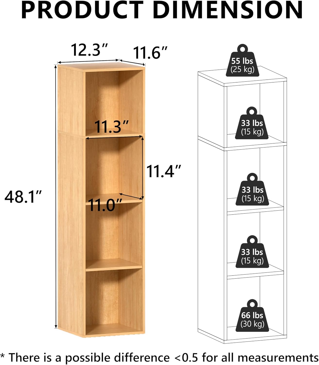 4 Cube Storage Organizer, 4 Tier Cube Bookcase Freestanding Storage Display Organizer for Home Office, Four Cubes Open Shelf Bookshelf (Oak, 4 Cube)