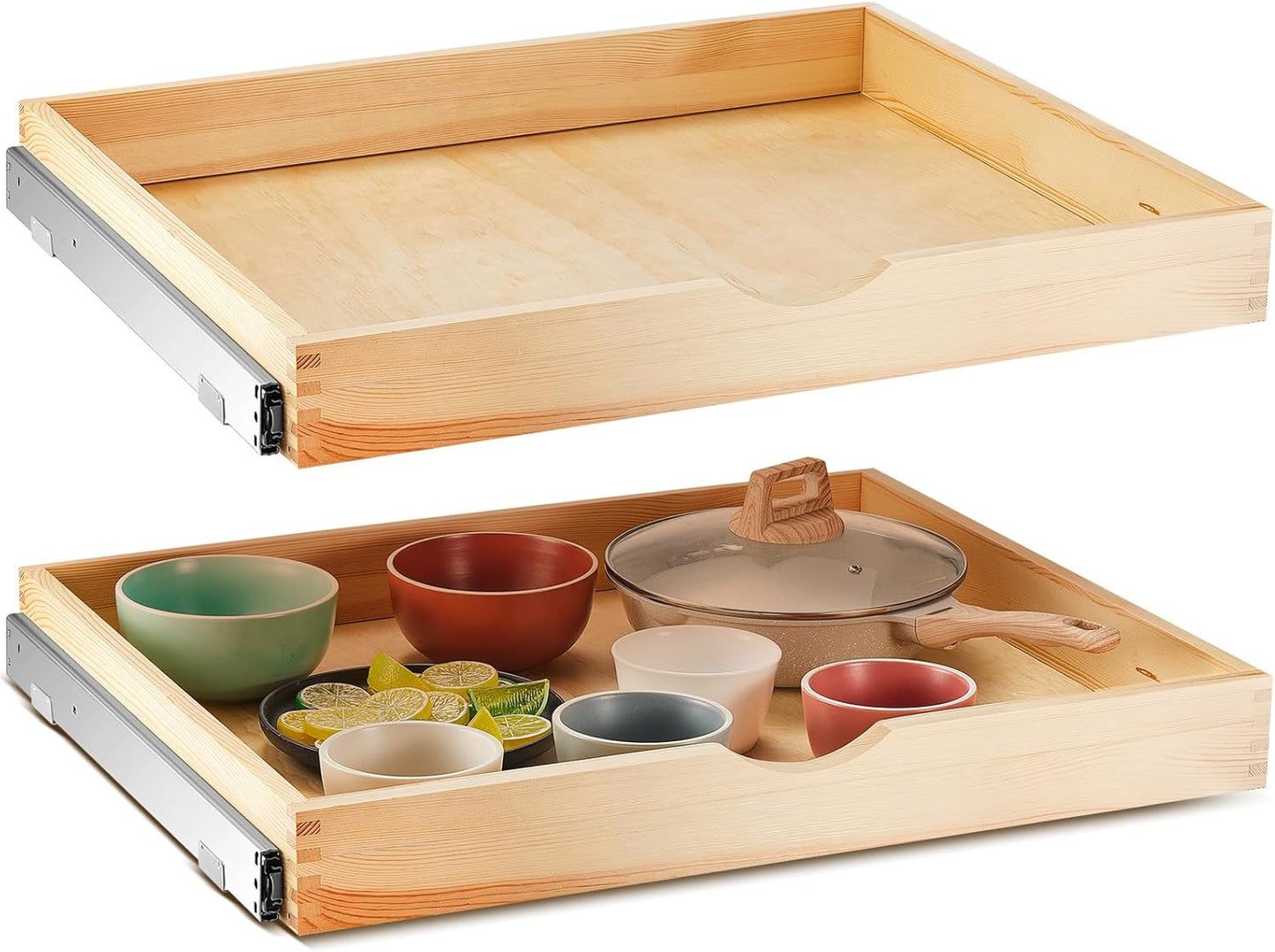 Menkxi 2 Set Pull out Tray Cabinet Organizer Wooden Pull Drawers storage Slide out Pantry Shelf for Base Cabinet Kitchen Gentle Close Fully Assembled Accessories(Wood Color,27'' X 21'' X 3")