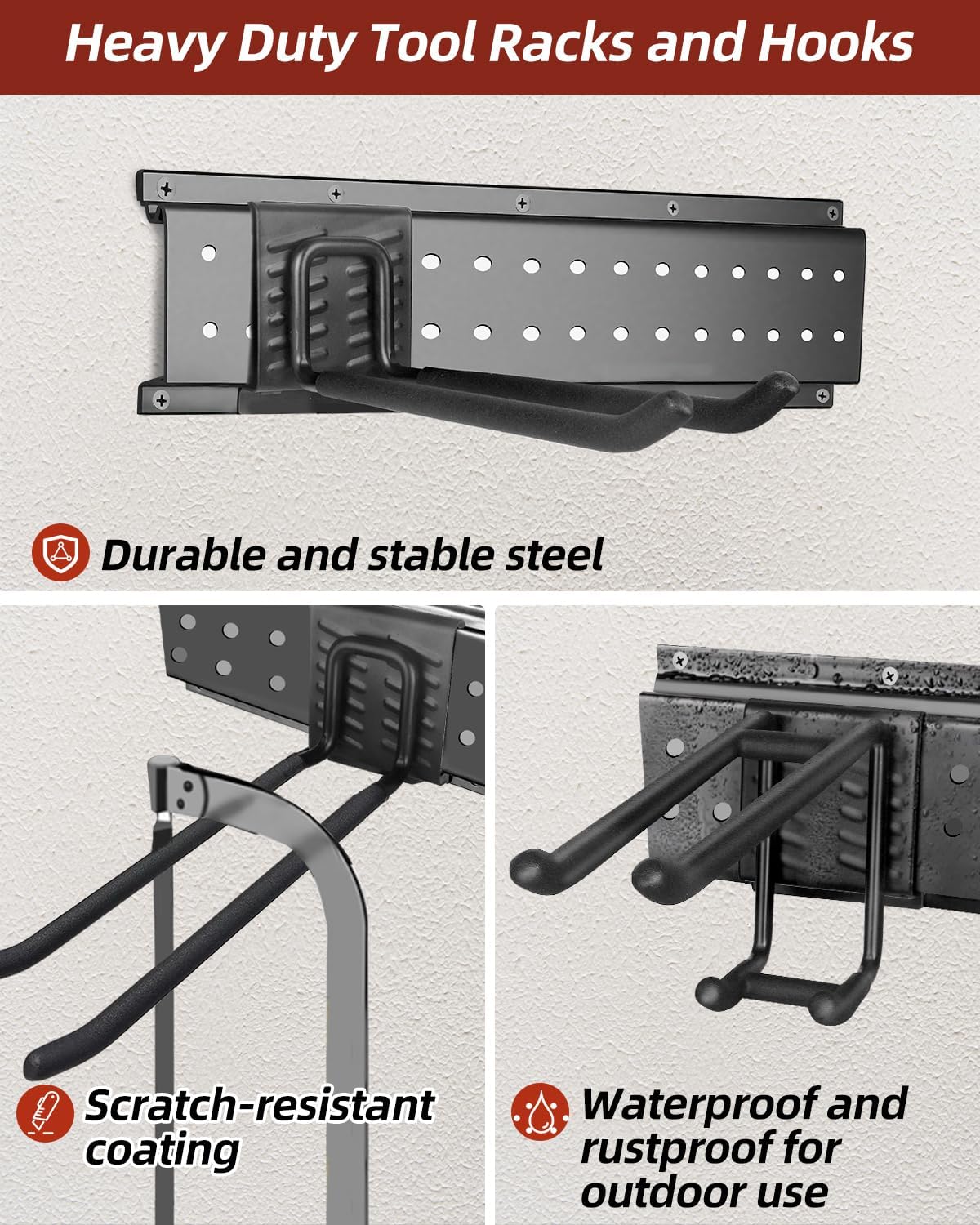 64-Inch Garage Storage Tool Organizer Wall Mount, Heavy Duty Garage Organization Metal Rack with 12 Hooks, Garden Tool Hanger Holder for Broom, Shovels, Ladders, Lawn Tools