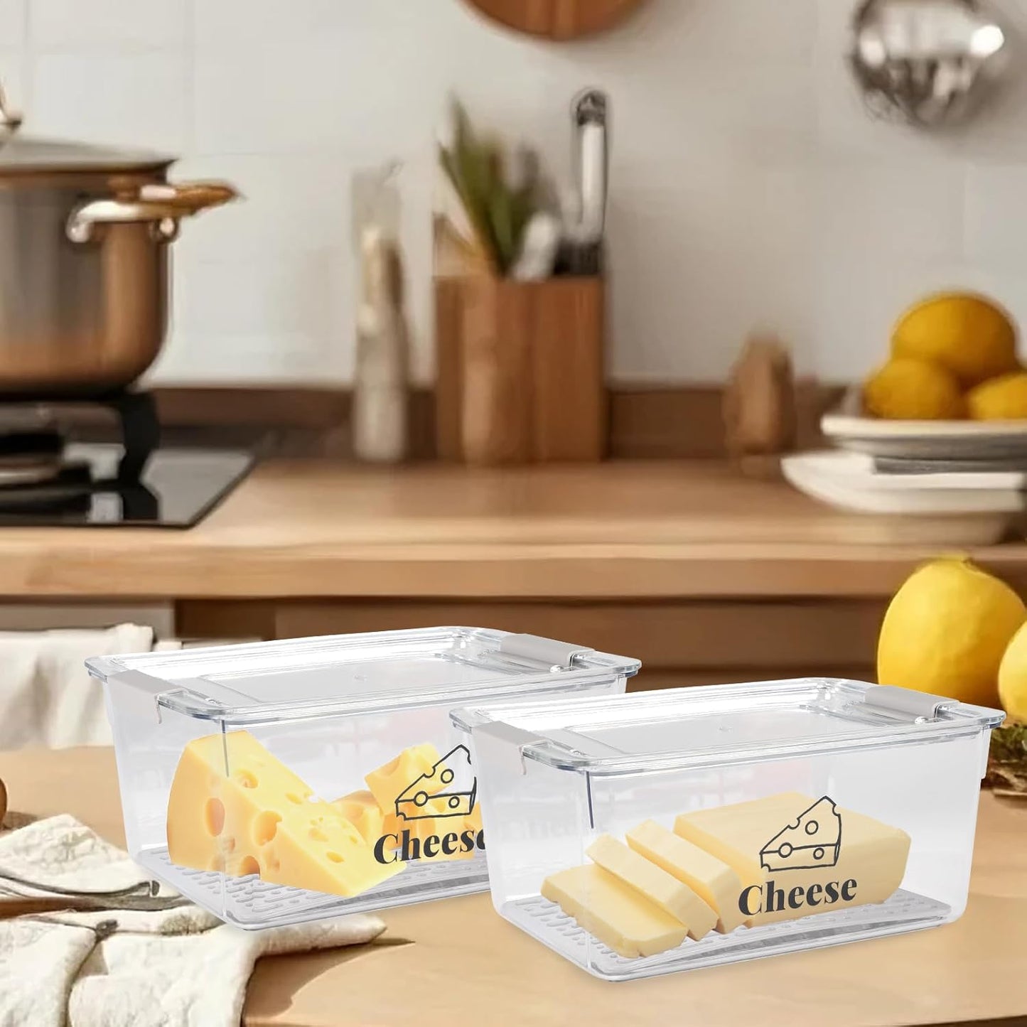 Cheese Holder Food Storage, Airtight Cheese Storage Box with Lid- Non Toxic, Lunch Meat Storage Sandwich Ham Cheeses Salami Sliced Turkey for Refrigerator to Keep Food Fresh,Clear-2Pack