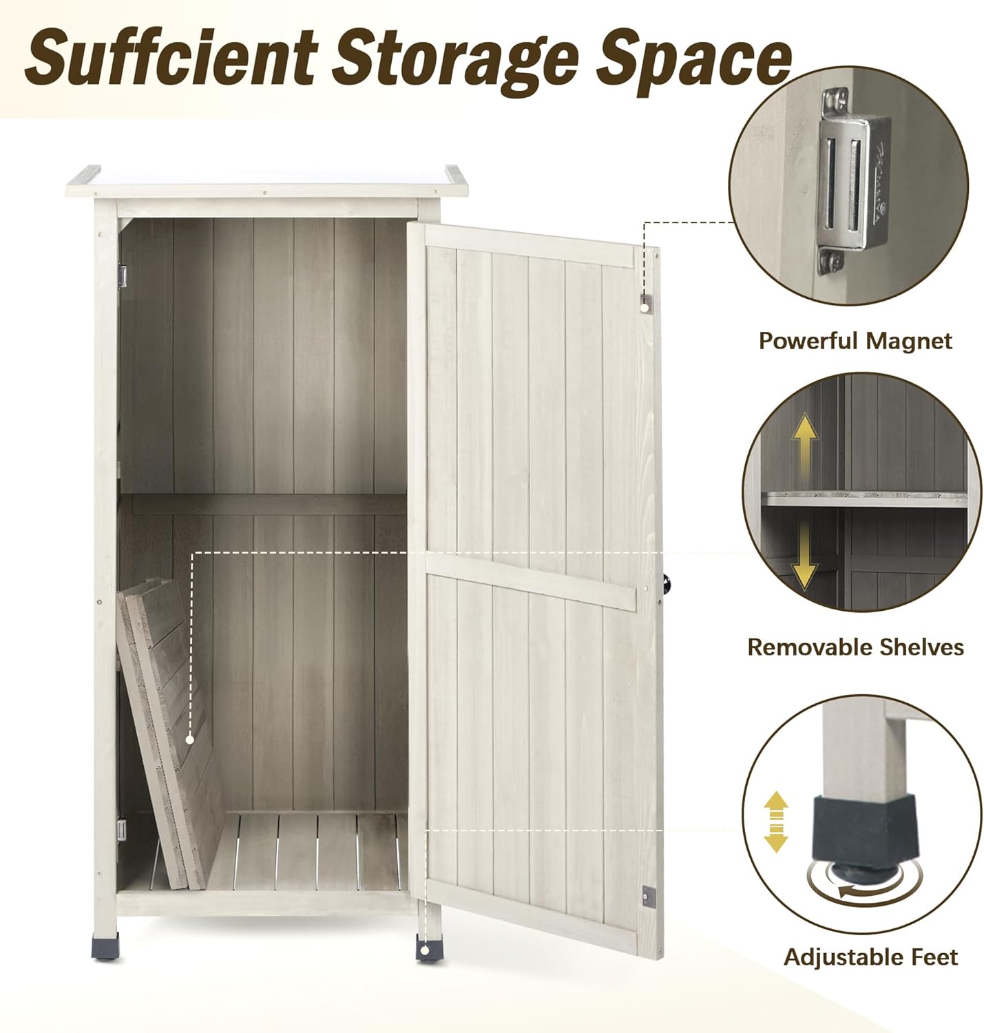 Wooden Outdoor Storage Cabinet, Vertical Garden Tool Shed with Waterproof Metal Roof & 2 Adjustable Shelves Ideal for Yard, Patio, Deck and Porch (Gray, 20" x 24" x 48")