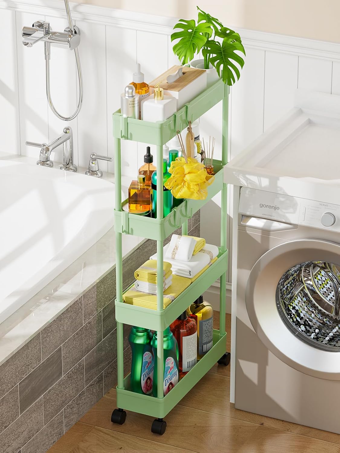 LEHOM 5.1" Slim Storage Cart - 4 Tiers Bathroom Organizer Mobile Shelving Unit Storage Rolling Utility Cart Slide Out Organizer for Kitchen Bathroom Laundry Narrow Places, Green