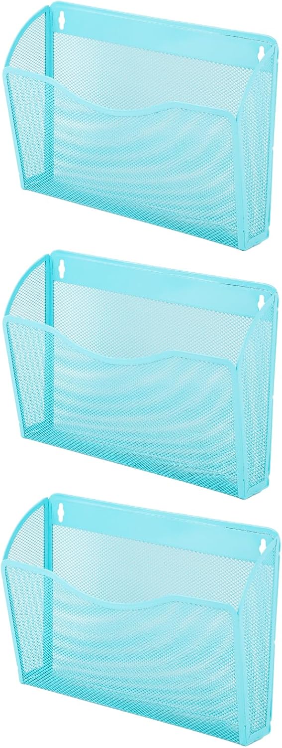 EASEPRES 3 Single Pocket Mesh Hanging File Organizer, Vertical Wall Mounted Magazine File Holder, Mount Basket Mail Paper Document Folder Organizing for Office, Home and School, Blue