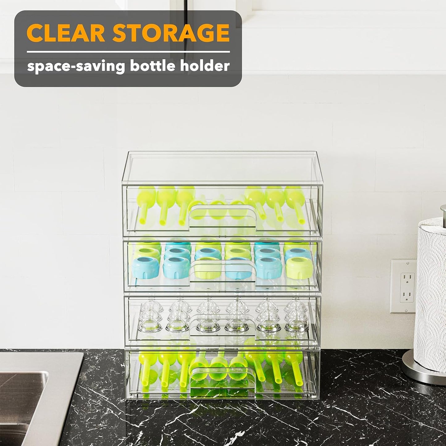 SpaceAid Bottle Storage Organizer Baby - Acrylic Bottles Station Organizer Container, Stackable Clear Drawers for Countertop, Vanity, Bathroom, Cabinet, Pantry Organization, 4 Pack, 4L, 13.7"H
