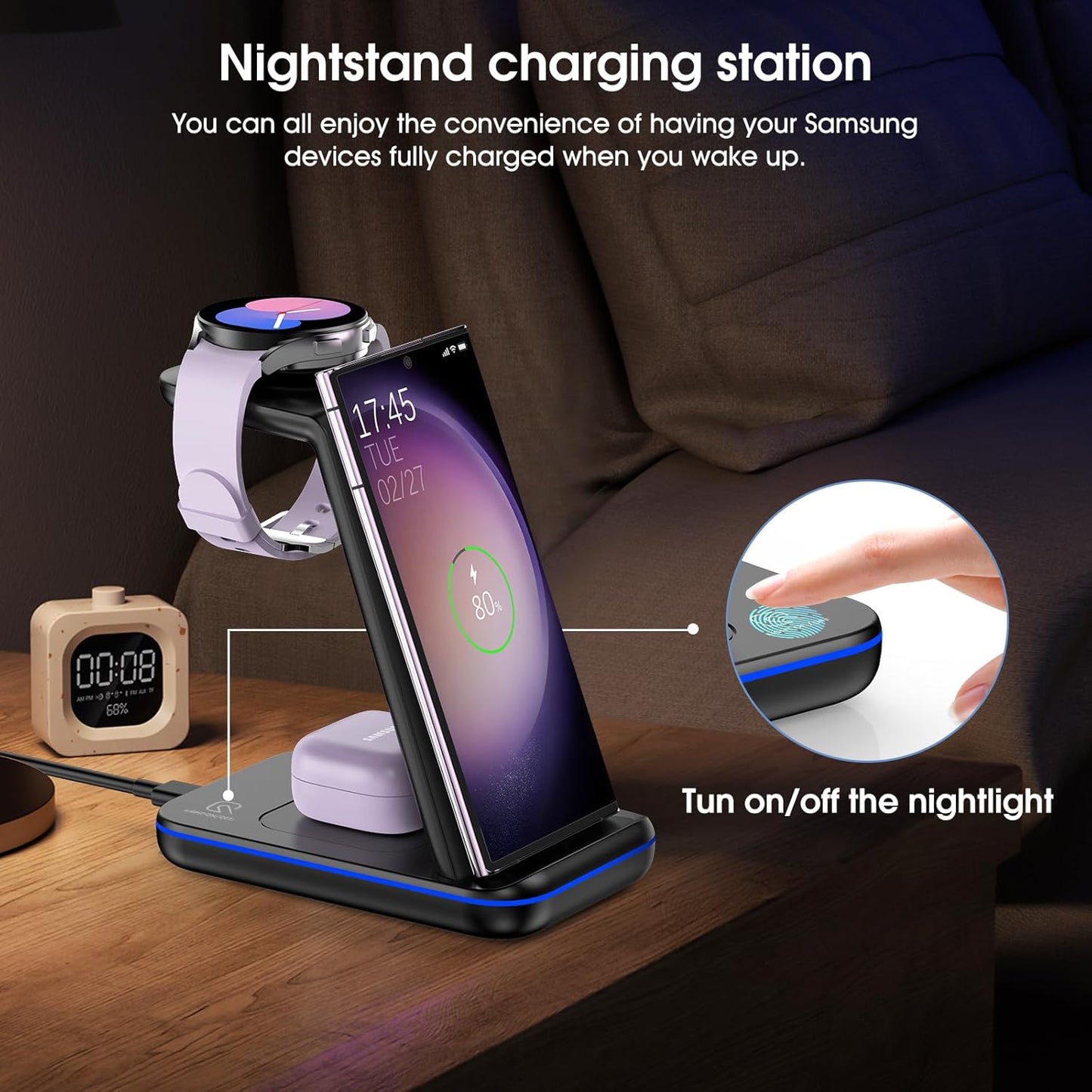 Wireless Charging Station for Samsung/Android, Fast Wireless Watch Charger Station Compatible for Samsung Galaxy S25 Ultra/S24/S23+/Z Flip 7/6 Fold 7/6, Watch8/7/Pro/Active 2 Galaxy Buds3/2 Pro(Black)