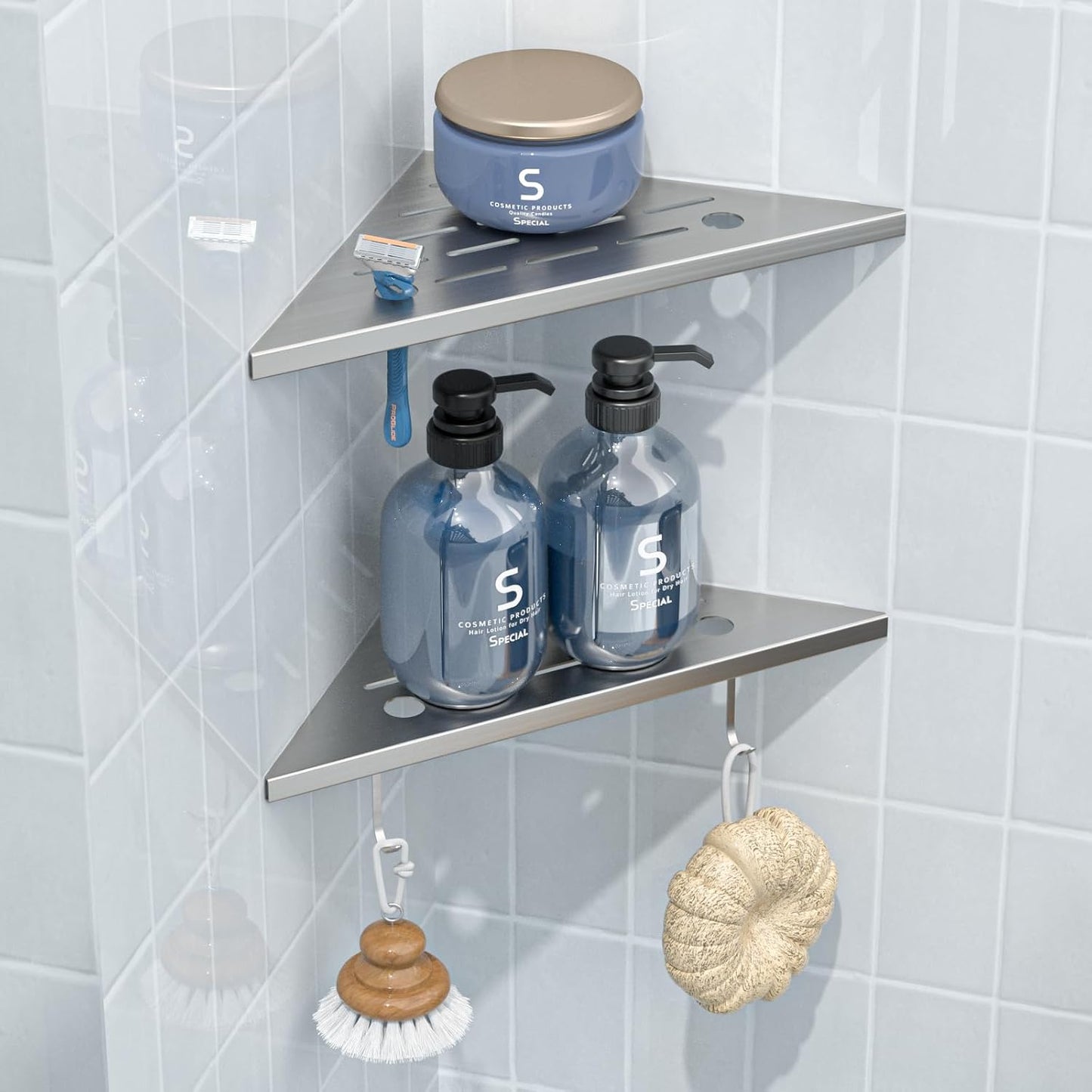 DAYONE 10" Corner Shower Shelf Brushed Nickel, 304 Stainless Steel Slot Design Recessed Corner Shelves with 2 Hooks and 4 Holes, for Bathroom Shower Kitchen 2 Pack