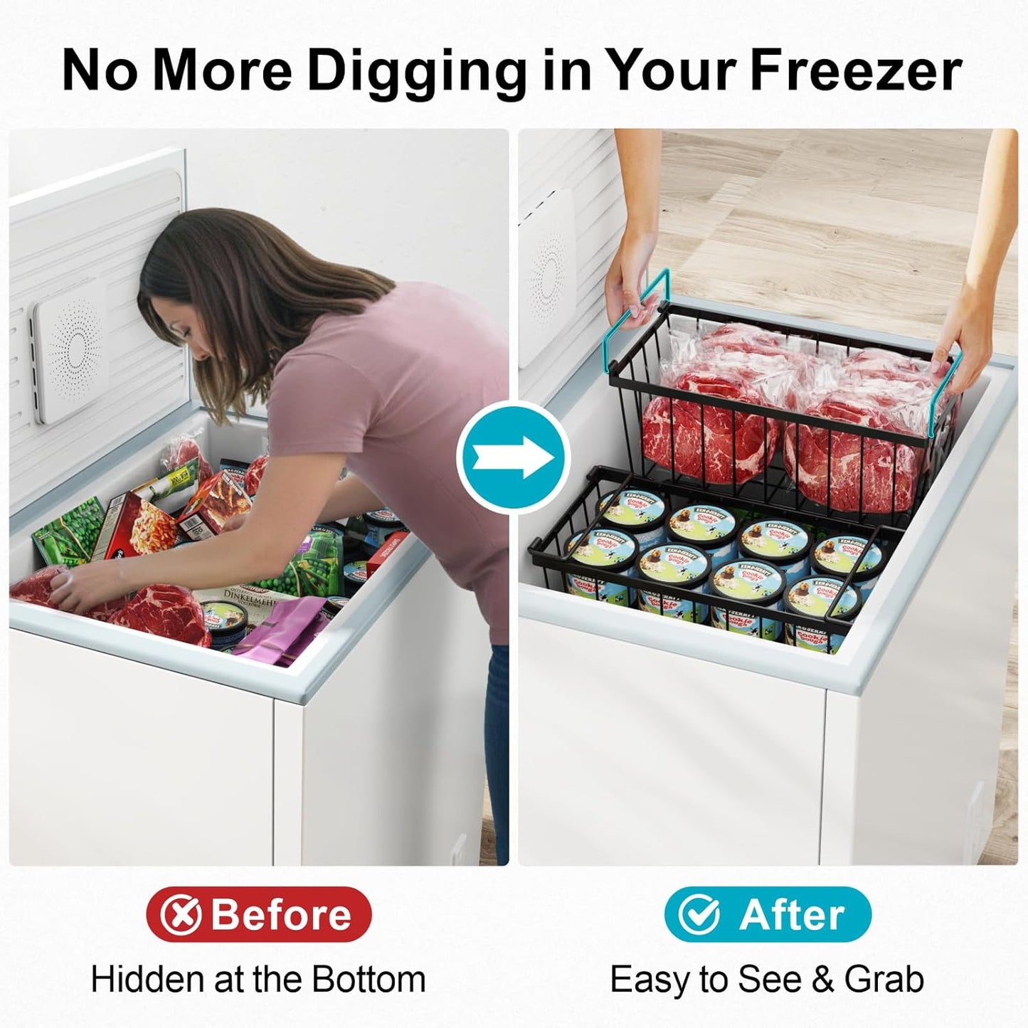 iSPECLE Deep Freezer Organizer Bins - 8 Pack Stackable Freezer Organizer Bins for 7 Cu.FT Chest Freezer Sort Food, Easy to Get Food from Bottom, Better Ventilation, Black