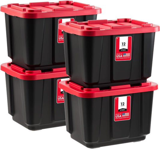 IRIS USA 12 Gallon Heavy Duty Truck Bed Toolbox Storage Tote Bins with Lids, 4 Pack - Made in USA, Tough Snap On Lockable Lid Stackable Industrial Rugged Tubs, Garage Organization Box - Red