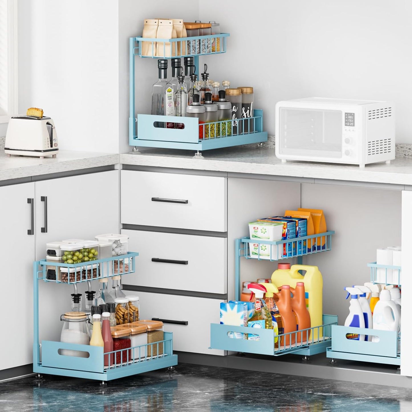 Under Sink Organizer Storage 2-Tier Premium Metal Pull-Out Racks, Height Adjustable, Easy Installation | Kitchen & Bathroom Organizers Pack of 1 Teal