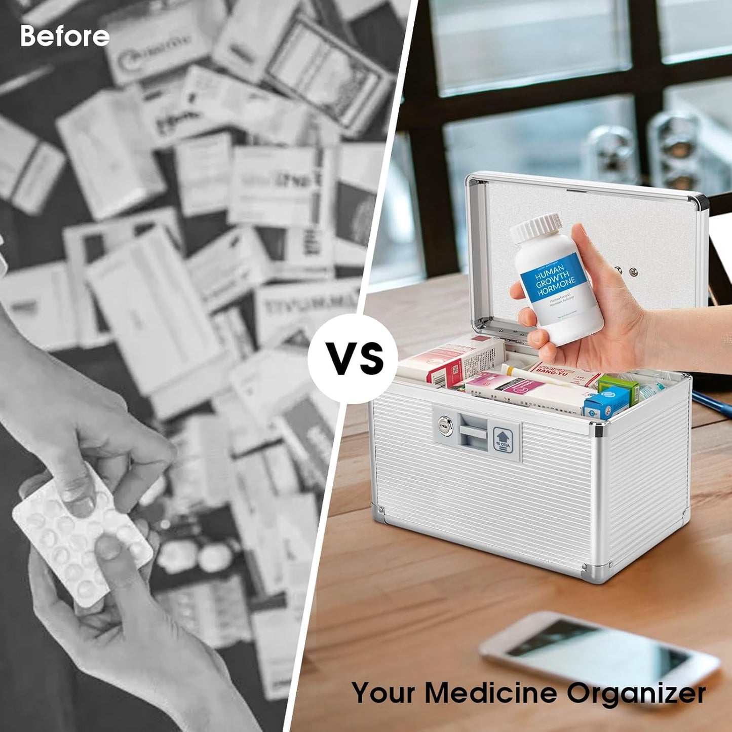 Medicine Lock Box with Key, Alluminum Alloy Box for Medication,First Aid Box with a Removeable Tray to Store Medicines & Pills for Home,Silver 10 * 6.89 * 6.89 Inch