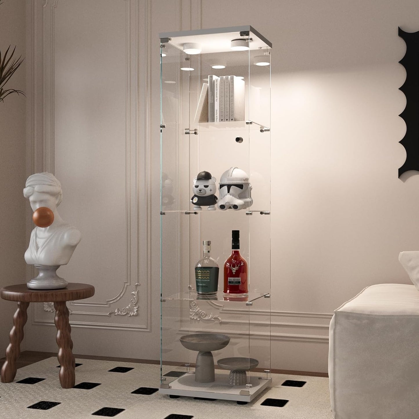 Beauty4U Glass Display Cabinet with LED Light, 4 Shelves, Curio Cabinets for Living Room, Bedroom, Office, White Floor Standing Glass Bookshelf, Quick Installation