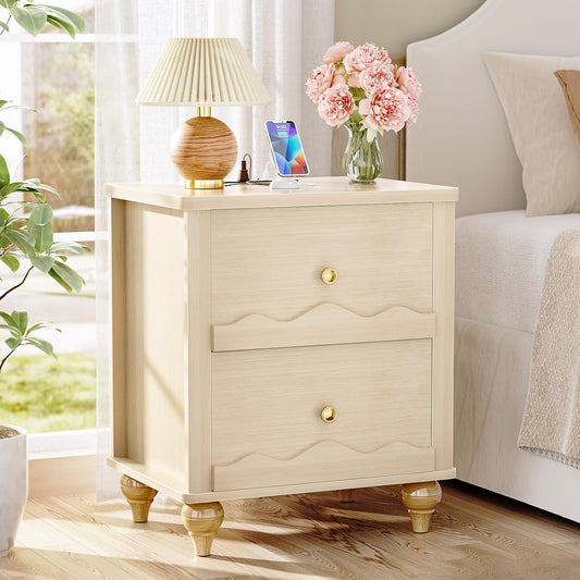 Cyclysio Nightstand with Charging Station, Side End Table with 2 Drawers, Modern Wood Night Stand with Scalloped Pattern for Bedroom, Bedside Night Tables with Solid Wood Gourd Legs