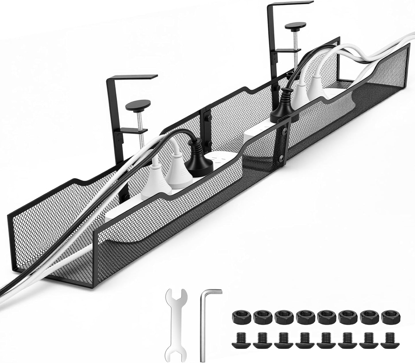 30'' Under Desk Cable Management - No Drill Installation Cable Management Tray, Modern Cord Organizer for Office/Home Desk, Fits Power Strips & Wires(Black, XXL)