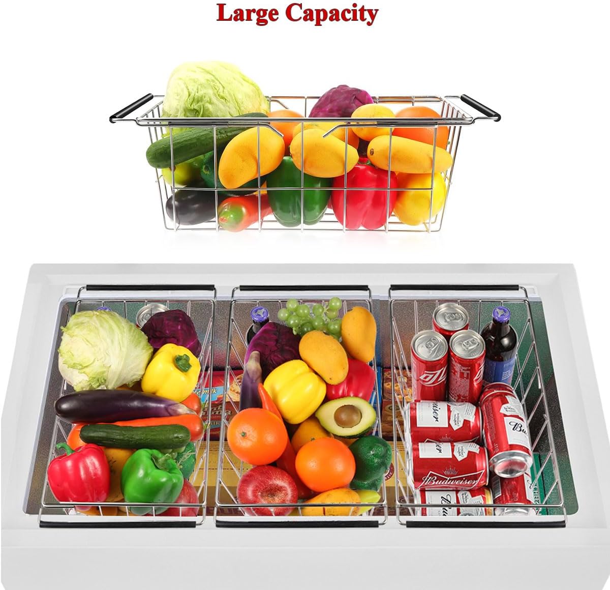 Orgneas Expandable Chest Freezer Basket, Stainless Steel Hanging Deep Freezer Organizer Bins Adjustable Handles (16.5" ~ 20") Wire Basket Storage Rack, Fits 5 Cu.FT and 7 Cu.Ft Chest Freezer