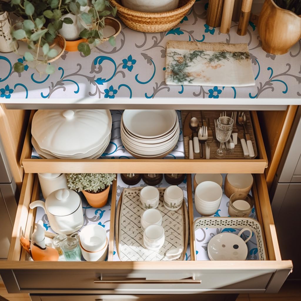 2 Rolls 18" W x 96" L Floral Drawer and Shelf Liner for Cabinets, Non-Adhesive Strong Grip Non-Slip Flower Shelf Cabinet Kitchen Shelf Liners for Kitchen Cabinets