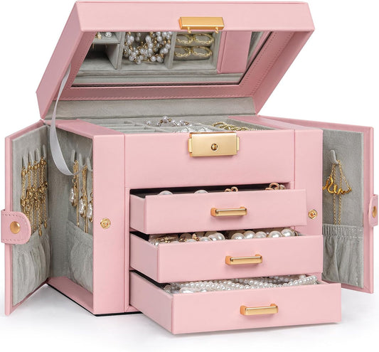 TORIBIO Jewelry Box for Women, Leather Jewelry Organizer with Mirror & Lock, 4-Tier Jewelry Storage Organizer with 3 Drawers for Girls/Women/Mothers, Necklace Earring Bracelets Holder Organizer