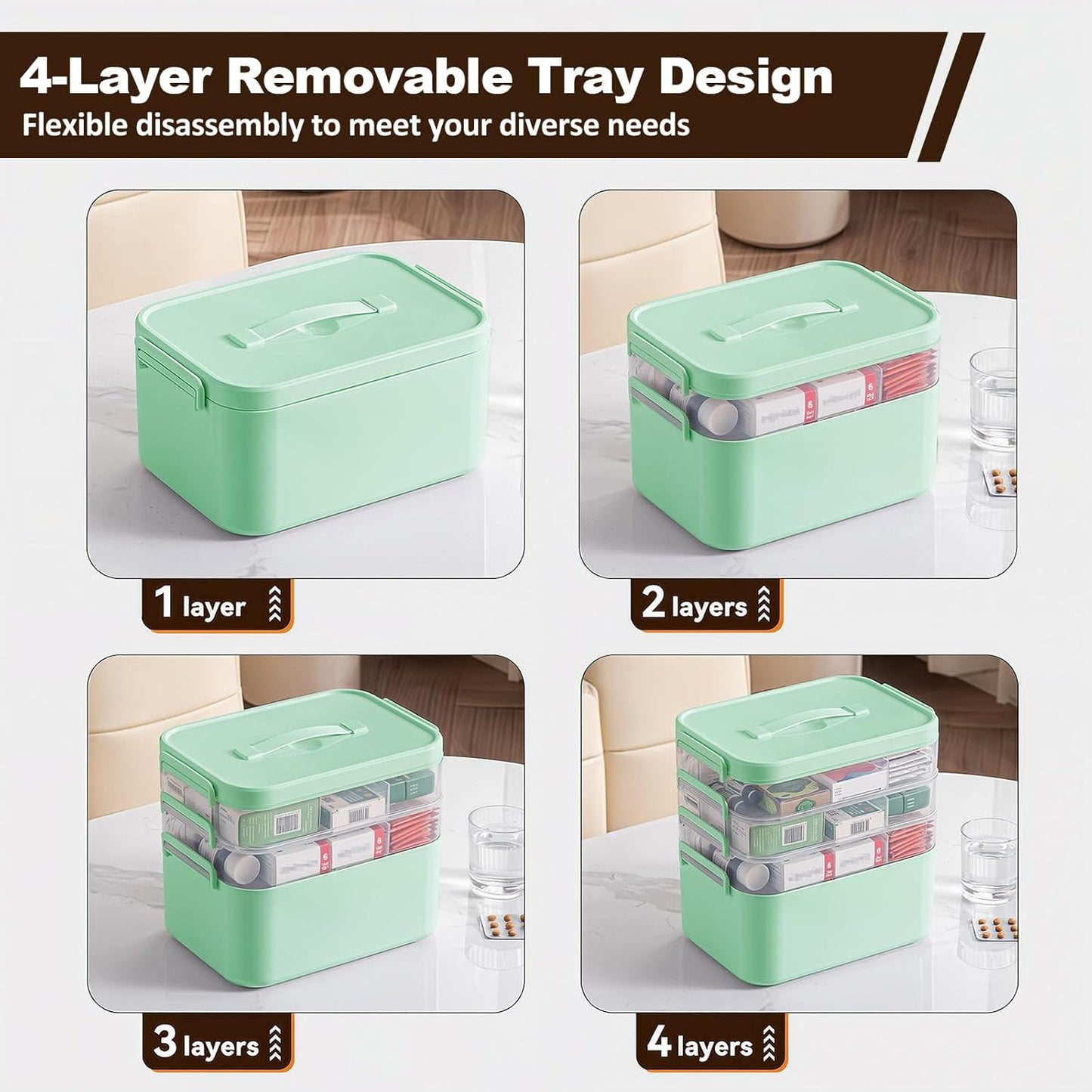 4-Tier Portable Medicine Cabinet Organizer, Large Medicine Storage Box with Handle, Plastic First Aid Box Empty, Multipurpose Medical Supply Organizer, Medication Storage with 3 Removable Tray (Green)