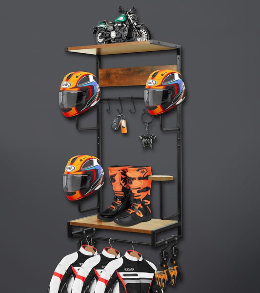 Motorcycle Helmet Rack Wall Mount, Retro Rust Helmet Holder with Wood Floating Shelf and Hooks for Storage