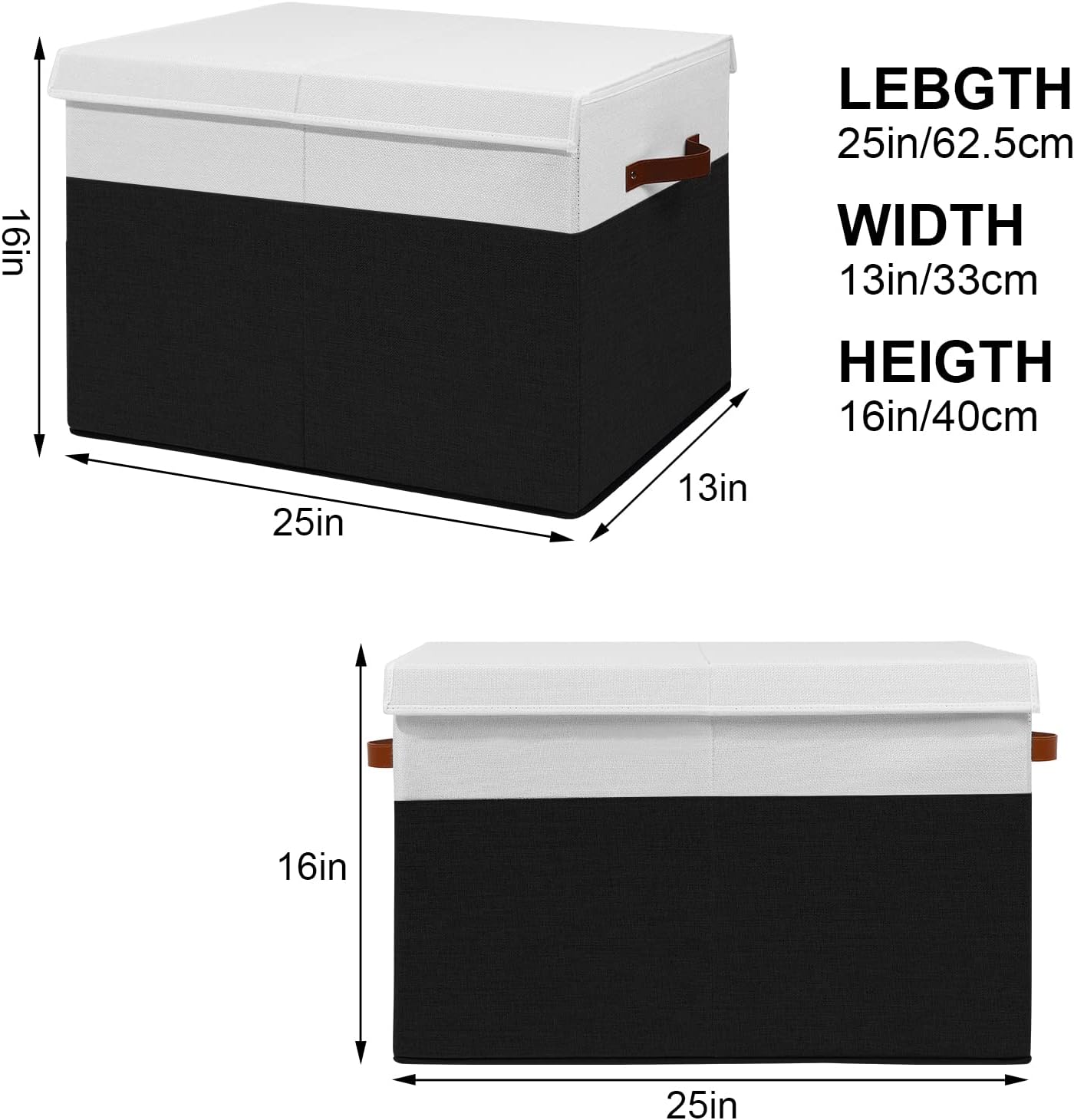 Large Toy Storage Box with Lid, Sturdy Toys Storage Chest Bin Organizer Basket with Dividers for Kids, Boys, Girls, Nursery, Closet, Bedroom, Playroom 25"x13" x16" (Black and White)