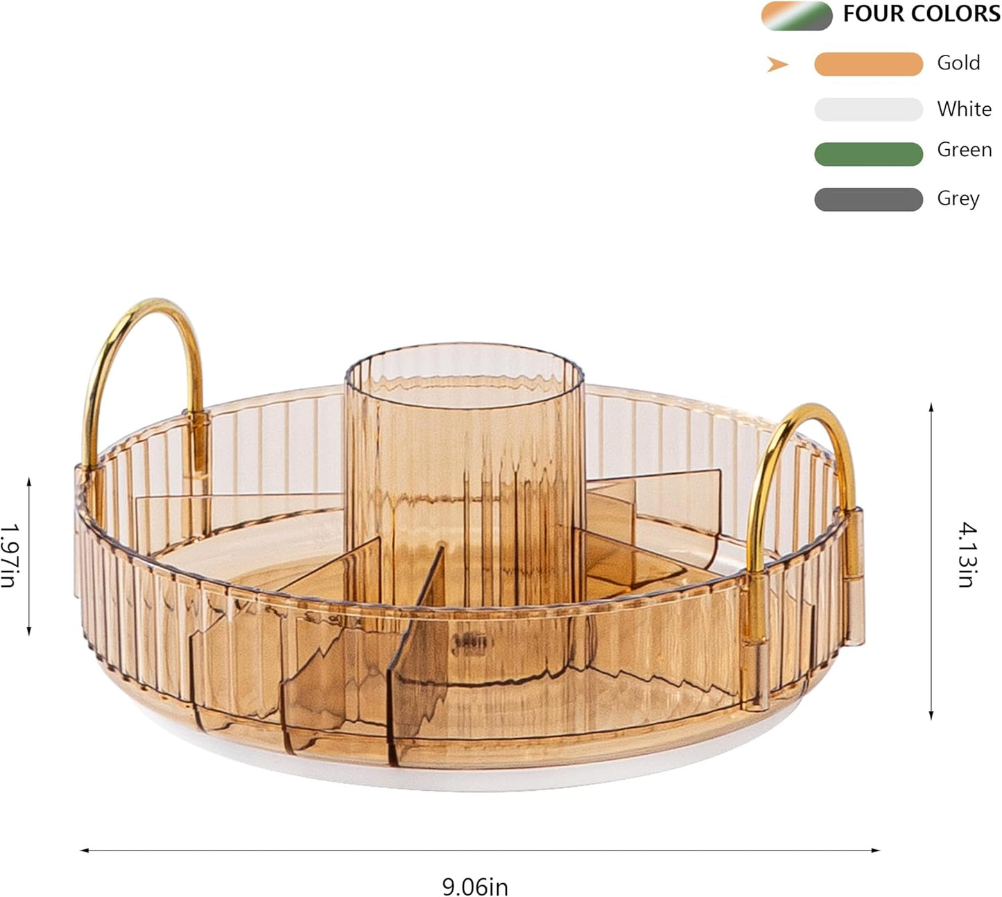YCIA&DONE Rotating Makeup Organizer for Vanity, Large Capacity Make Up Storage Skin care Shelf Perfume Holders Cosmetic Dresser Organizer Countertop Spinning 360 (Amber Gold, 1Tier)