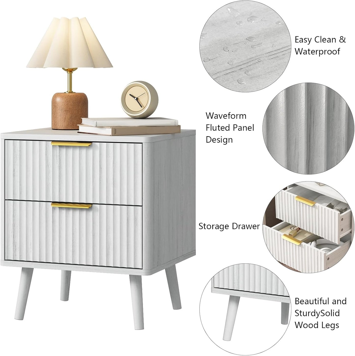 CARPETNAL Fluted Nightstand, White Bedside Table with 2 Drawers and Gold Handles, Wood End Table Mid Century Night Stands for Bedroom Living Room