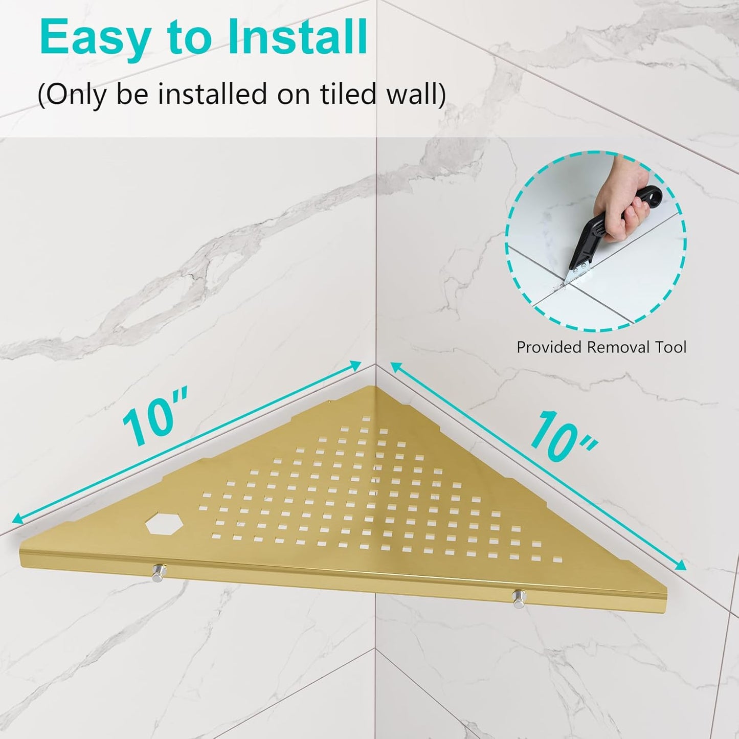 10" Bathroom Corner Shelf, 2 Pack Recessed Shower Shelf Caddy, SUS304 Stainless Steel Shelf Wall Mount Triangular, No Drilling Brushed Golden
