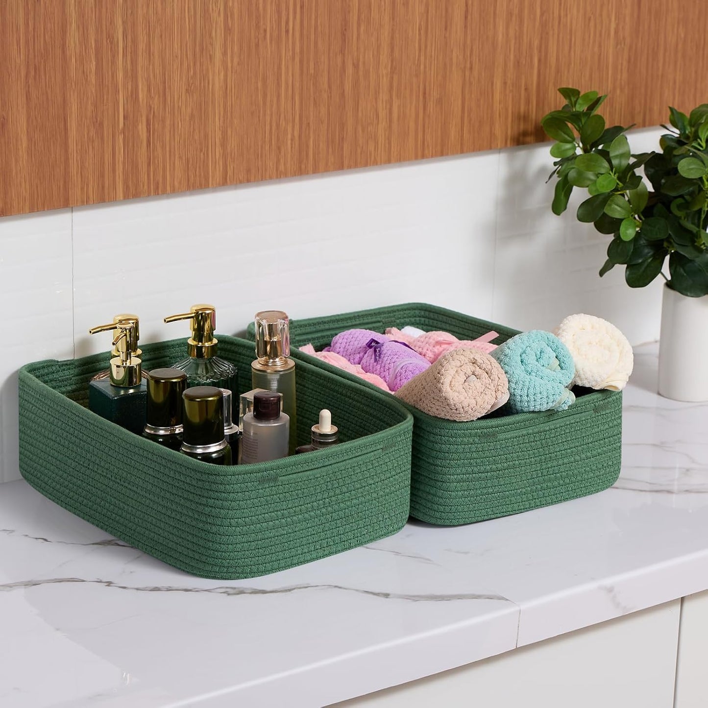 Large Shallow Organizing Baskets 15x11x5.1 Inches - Rope Woven Storage Bins for Bathroom, Shelves, Cube Closet, Green 3 Packs