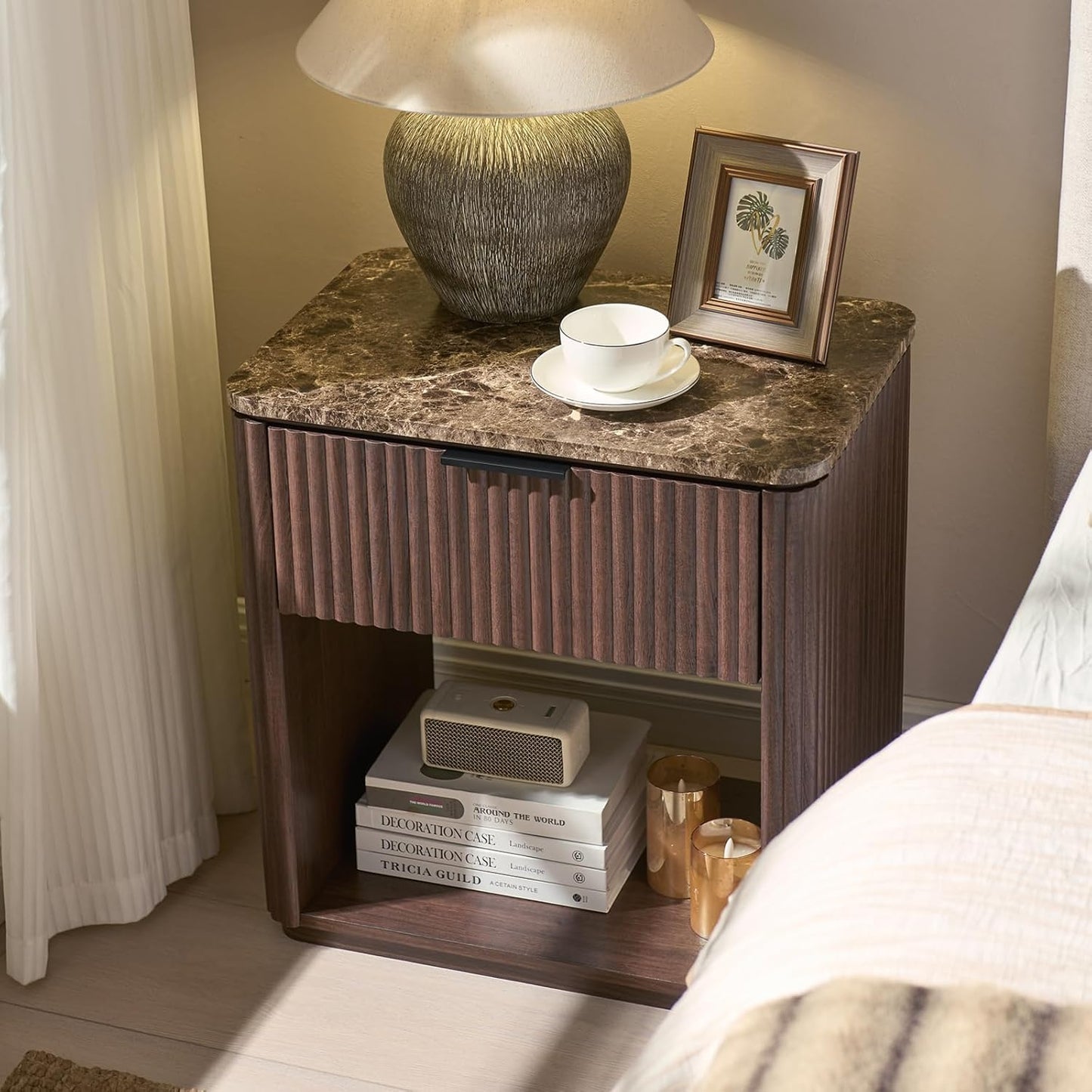 Fluted Nightstand with Drawer, Bedside Table with Faux Marble-Top, Engineered Wood Side Table with Open Shelf, Curved Corners, Metal Handle, Modern Night Stand for Bedroom, Small Spaces, Dark Oak