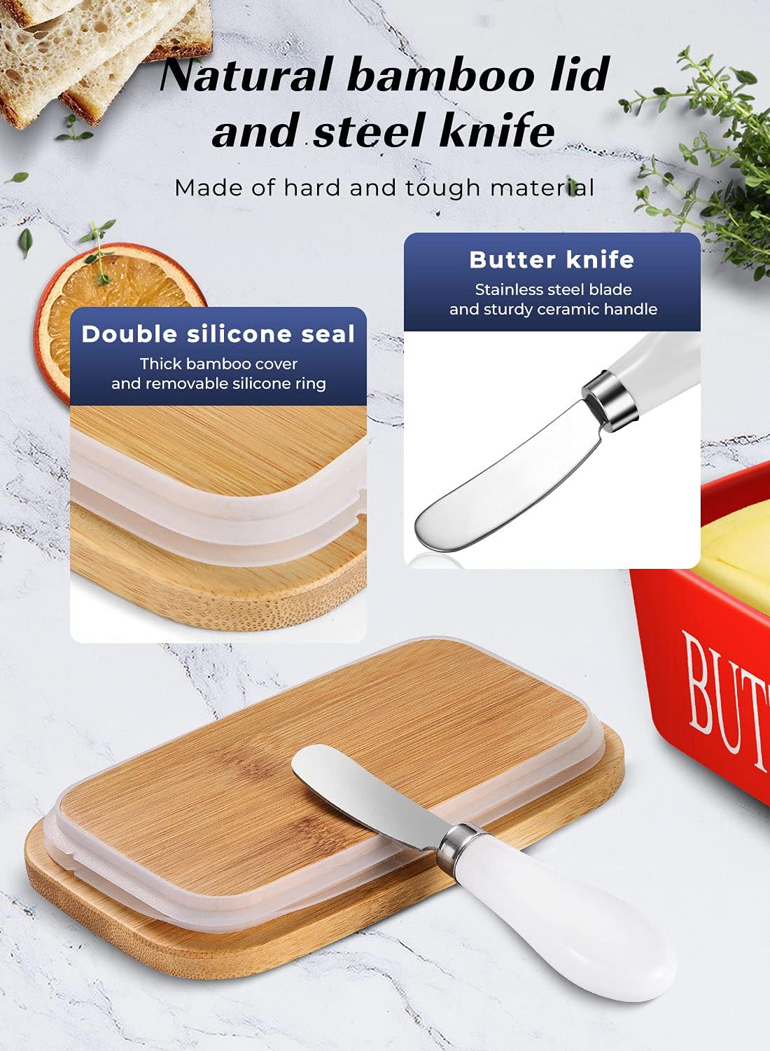 Butter Dish with Lid: Large Butter Container for Countertop - Ceramic Butter Holder for Counter - Butter Tray Butter Keeper with Knife and Sponge Scrubber - Perfect for 2 Sticks of Butter Red