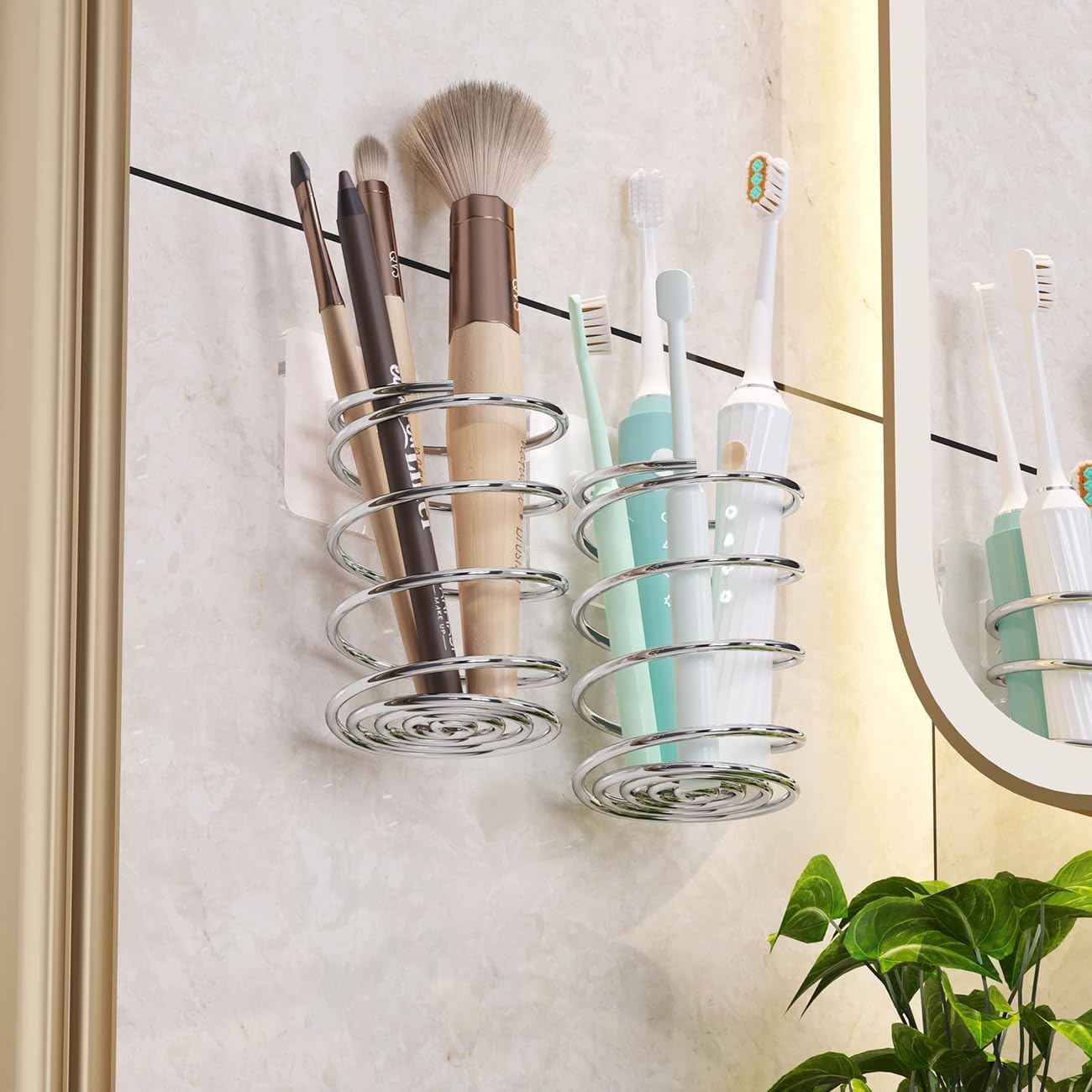 Wall-Mounted Spiral Hair Tool Holder, Adhesive Bathroom Organizer for Toothbrush and Makeup Brushes, Stainless Steel, 8 x 7 cm (3)